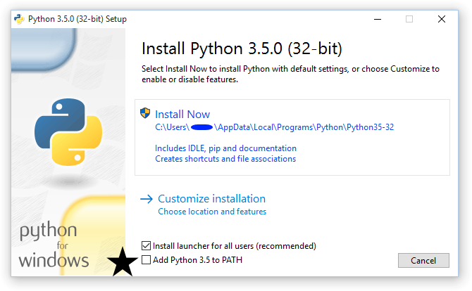 Image of the Windows installer with two checkboxes at the bottom and a black star next to the last checkbox that reads "Add Python 3.5 to PATH"